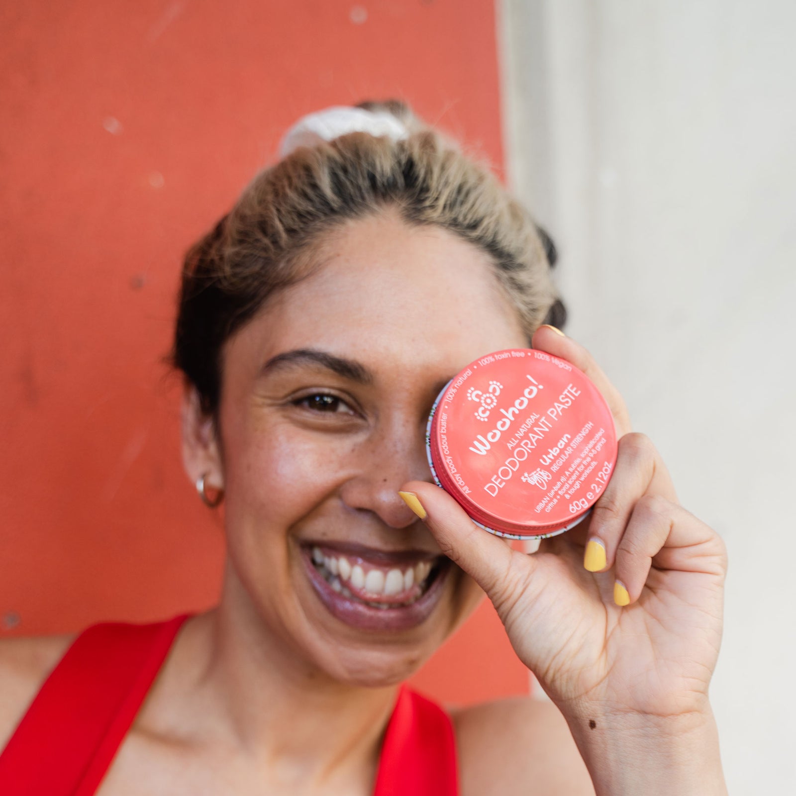 Woohoo Urban natural deodorant paste, 60g recyclable tin — regular strength, floral-citrus scent with orange, cedarwood and palmarosa.